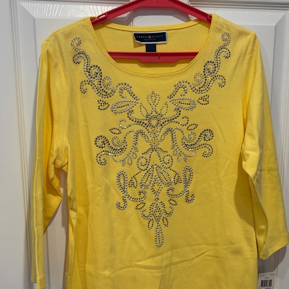 Karen Scott Yellow 3/4 Sleeve Top with Silver Embellishments size large